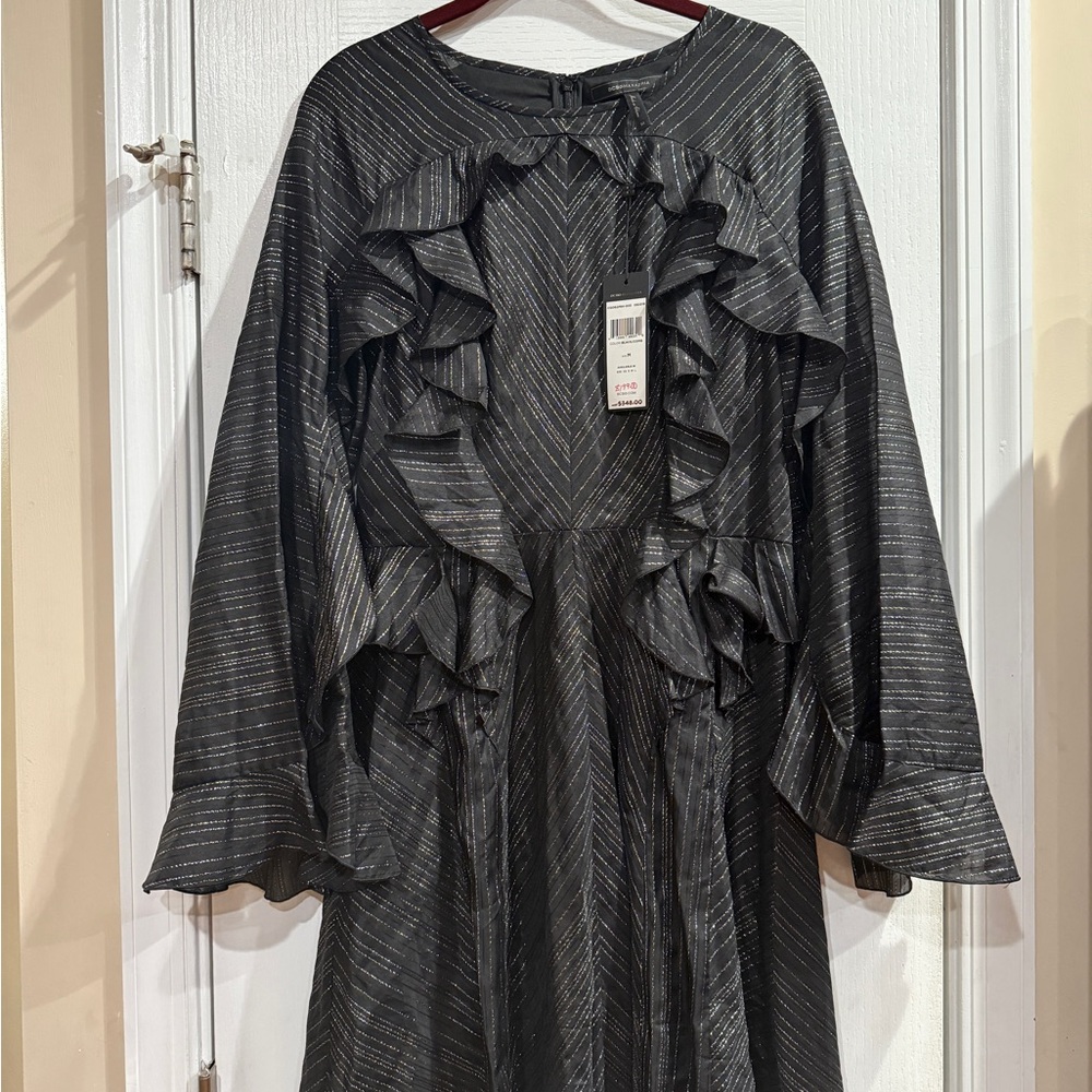 BCBGMaxAzria Black Dress with Silver Metallic Stripes and Ruffle Front